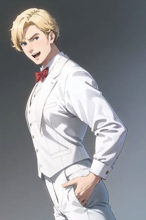 solo male, Lewis Smith \(Brave Bang Bravern\), blond hair, short hair, blue eyes, (white tuxedo, white tuxedo sleeves, grey vest, white pants, white bowtie), red rose, mature, handsome, charming, alluring, muscular, beefy, blush, smile, open mouth, standing, upper body, perfect anatomy, perfect proportions, best quality, masterpiece, high_resolution, dutch angle, cowboy shot, simple background, 