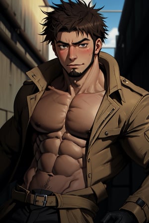 solo male, Genma Shizume, Asian, Japanese, black hair, chinstrap beard, sideburns, black eyes, calm eyes, slitty eyes, intense gaze, blush, shy,  (topless, bare chest, bare neck, bare belly, bare abdomen), (light brown trench coat, open trench coat:1.2), black pants, black gloves, mature, masculine, handsome, charming, allurin, smile, upper body, perfect anatomy, perfect proportions, (best quality, masterpiece, high_resolution:1.3), (perfect eyes, perfecteyes:1.3),perfecteyes,1boy, open fly