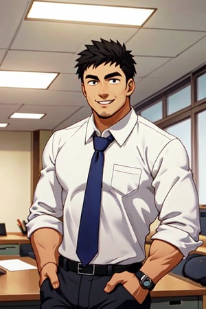 anime, 2D, Harumi Takeda, Japanese, stubble on chin, black eyes, black hair, short hair, wore white collared shirt, blue necktie, black pants, masculine, handsome, fit body, handsome, charming, alluring, smile, office, (standing), (upper body in frame), perfect light, perfect anatomy, perfect proportions, perfect perspective, 8k, HQ, (best quality:1.2, masterpiece:1.2), perfect face, front view, portrait