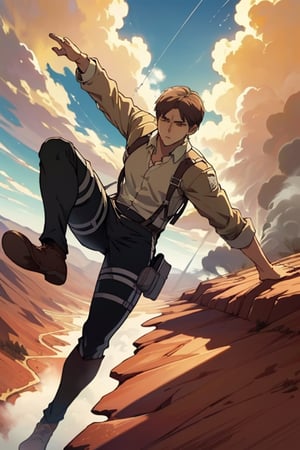 Jean Kirstein(brown hair, stubble, light brown eyes), ((pure white collared shirt, fit shirt, black pants)), mature, manly, hunk, charming, alluring, seductive, highly detailed face, detailed eyes, perfect light, ((only 2 legs, perfect legs)), ((floating in the air, flying on very high sky, dangling)), simple background, empty sky with cloud, (best quality), (8k), (masterpiece), best quality, 1 image, perfect anatomy, perfect proportions, perfect perspective, (AttackonTitan, wearing Omni-directional mobility gear), ((full body in frame)), dutch angle, dynamic, (Hands:1.1), better_hands, (red rock desert in background distant, vast steamy smoke on the ground in far horizon),AttackonTitan, survey military uniform