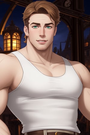 (1 image only), solo male, Gagumber, Sakugan, physical laborer worker, brown hair, two-tone hair, stubble, green eyes, thick eyebrows, ((white tank top)) , bare shoulder, bare neck, green work pants, black boots, black gloves, mature, handsome, charming, alluring, smile, blush, ((portrait, close-up)), perfect anatomy, perfect proportions, high_resolution, dutch angle, detailed background, steampunk city