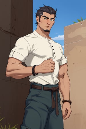 (1 image only), solo male, Kaburagi, Deca Dence, greying black hair, slicked back hair, thick eyebrows, sideburns, goatee, green eyes, scar, tucked-in wide necked short-sleeved white shirt, sleeves tucked up and buttoned, short sleeves, olive wide pants, brown boots. black belt tied. leather bracelet, toned male, mature, handsome, charming, alluring,  upper body, perfect anatomy, perfect proportions, best quality, masterpiece, high_resolution, dutch angle, cowboy shot, outdoors, day, blue sky, science fiction, photo background, (Hands:1.1), better_hands, perfect fingers