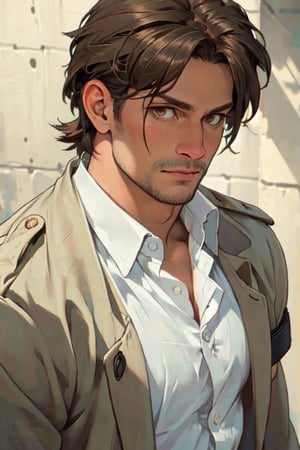 (renaissance:1.3), renaissance painting, black aura, detail background, reiner braun(blond hair, short hair, stubble, bare forehead:1.2), (hazel eyes:1.3), fit body, (wearing pure white collared shirt, button up shirt:1.3), (unbutton open brown trench coat, military green pants, black combat boots:1.2), show chest shirt, manly, bulky, charming, alluring, sleazy, high fantasy, (standing), (upper body in frame), dawn, cinematic lighting, perfect anatomy, perfect proportions, perfect perspective, 8k, HQ, (best quality:1.5, hyperrealistic:1.5, photorealistic:1.4, madly detailed CG unity 8k wallpaper:1.5, masterpiece:1.3, madly detailed photo:1.2), (hyper-realistic lifelike texture:1.4, realistic eyes:1.2), picture-perfect face, perfect eye pupil, detailed eyes, realistic, HD, UHD, look at viewer,  (portrait close-up),Kocic