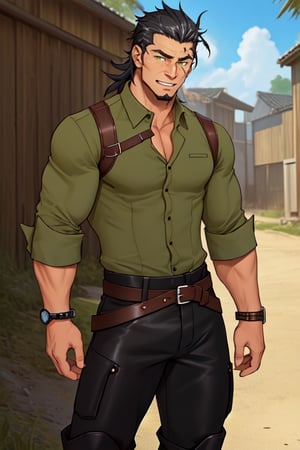(1 image only), solo male, Kaburagi, Deca Dence, grey-streaked black hair, slicked back hair, thick eyebrows, sideburns, goatee, green eyes, scar, tucked-in wide necked short-sleeved shirt, sleeves tucked up and buttoned, olive wide pants, brown boots. black belt tied. leather bracelet, toned male, mature, handsome, charming, alluring, grin, standing, upper body, perfect anatomy, perfect proportions, best quality, masterpiece, high_resolution, dutch angle, cowboy shot, outdoors, day, science fiction, photo background
