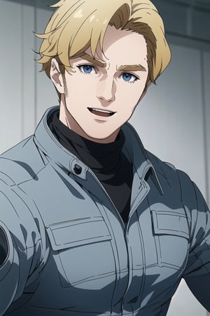 solo male, Lewis Smith \(Brave Bang Bravern\), blond hair, short hair, (blue eyes), (((grey pilot jumpsuit, gray pilot jumpsuit, grey sleeves)), (pov, portrait, close-up, headshot, looking at viewer), extend a hand palm, invite, mature, handsome, charming, alluring, muscular, beefy, happy, smile, open mouth, affectionate eyes, standing, upper body, perfect anatomy, perfect proportions, best quality, masterpiece, high_resolution, dutch angle, cowboy shot, simple background, 