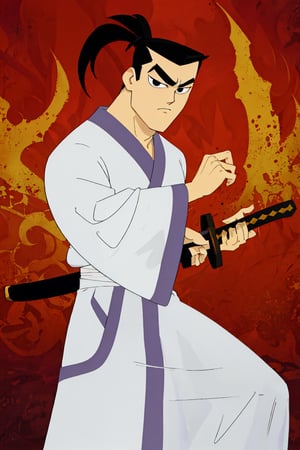 (1 image only), solo male, Samurai Jack, Cartoon Network style, Asian, Japanese, black hair, topknot, black eyes, geta, white kimono, white sashes, wide sleeves, mature, handsome, charming, alluring, uperfect anatomy, perfect proportions, (best quality, masterpiece), perfect hands, high_resolution, dutch angle, cowboy shot, fine art, (2d, flat), (single placket),  fighting_stance, holding sword, battoujutsu