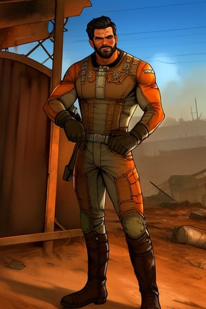 solo male, Paladin Danse, Fallout 4, short hair, warm black hair, light brown eyes, beard, orange-gray Brotherhood of Steel uniform, orange-gray bodysuit, gloves, boots, mature, handsome, charming, alluring, standing, upper body, perfect anatomy, perfect proportions, best quality, masterpiece, high_resolution, dutch angle, cowboy shot, photo background, ruined overhead interstate, Fallout 4 location, post-apocalyptic ruins, desolated landscape, dark blue sky