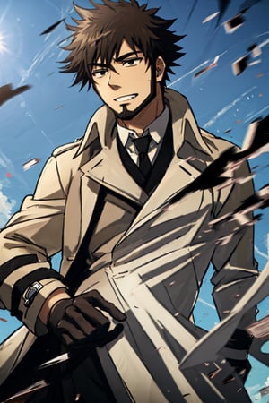 solo male, Genma Shizume, Asian, Japanese, black hair, chinstrap beard, sideburns, black eyes, calm eyes, slitty eyes, (dress in layers), white collared shirt, black necktie, (black suit jacket:1.3), (light brown trench coat, open trench coat:1.3), black pants, black gloves, mature, masculine, handsome, charming, allurin, grin, smile, upper body, perfect anatomy, perfect proportions, (best quality, masterpiece, high_resolution:1.3), perfect eyes, perfecteyes