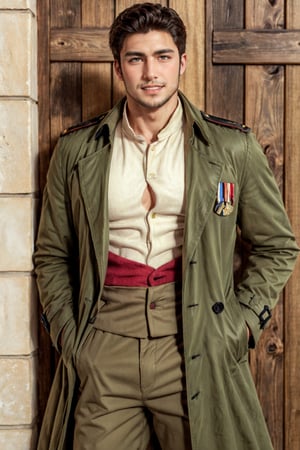 (1 image only), (solo male), 1boy, Sadik Adnan, Turkey, Hetalia: Axis Powers, Turkish male, olive-skinned, facial hair, chinstrap stubble, sideburns, brown hair, short hair, grin, blush, shy, long green military trench coat, unbutton coat, brown pants, knee-high boots, black gloves, (bare chest), bare abdomen handsome, mature, charming, alluring, portrait, upper body, perfect anatomy, perfect proportions, 8k, HQ, (best quality:1.2, hyperrealistic:1.2, photorealistic:1.2, masterpiece:1.3, madly detailed photo:1.2), (hyper-realistic lifelike texture:1.2, realistic eyes:1.2), high_resolution, perfect eye pupil, (standing), perfecteyes, Hagia sophia, Istanbul loction, Islamic building, better_hands, perfecteyes