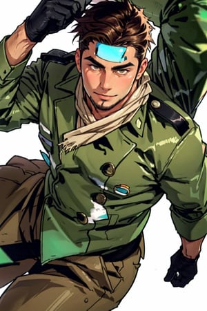 (1 image only), solo male, 1boy, Sadik Adnan, Turkey, Hetalia: Axis Powers, Turkish male, olive-skinned, facial hair, chinstrap stubble, sideburns, shaved philtrum, hairless philtrum, brown eyes, thick dark eyebrows, brown hair, short hair, long green coat, brown pants, knee-high boots, tan scarf, black gloves, grin, handsome, mature, charming, alluring, upper body in frame, perfect anatomy, perfect proportions, 8k, HQ, (best quality:1.2, hyperrealistic:1.2, photorealistic:1.2, masterpiece:1.3, madly detailed photo:1.2), (hyper-realistic lifelike texture:1.2, realistic eyes:1.2), high_resolution, perfect eye pupil, dutch angle,perfecteyes