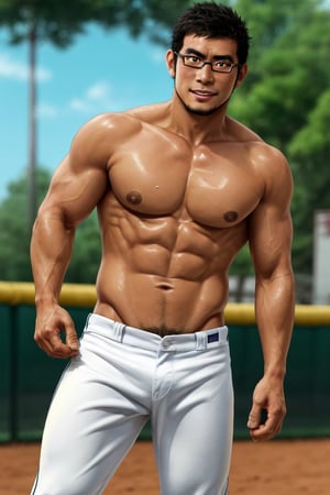 (1 image only), solo male, bara, Kyoichi Ootomo, Live A Hero, Asian, Japanese, hero, short hair, black hair, green streaked hair, sideburns, black eyes, facial hair, goatee, (wore glasses), tan skin, white bandaid on nose, glasses, (complete topless, shirtless), bare chest, bare shoulder, bare neck, bare arms, white baseball pants, shy, blush, smile, mature, handsome, charming, alluring, standing, perfect anatomy, perfect proportions, (best quality, masterpiece), (perfect eyes, perfect eye pupil:1.2), perfect hands, high_resolution, dutch angle, Baseball Players,Baseball Players, baseball field, sweaty skin, shiny skin, fighting_stance, competitive photo, studio photoshoot,masterpiece