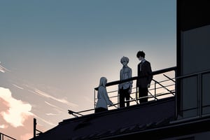 core_9, score_8_up, score_7_up, side-view image of two-men-standing-on-rooftop: (Reiner Braun-on-right-side), facing (Jean Kirstein-on-left-side), upperbody foucus, white collared shirts, long sleeves, dark pants