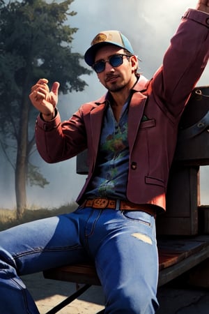 Ace Visconti , sunglasses, cap, damask print shirt, classic jacket, jeans, (clothing:1.2), (best quality, highres,masterpiece), (1boy, mature man:1.1), slight blush, solo, male focus, looking at viewer, upper body, (legs up,full nelson),outdoors:1.1, best quality, (perfect anatomy:1.5), mature, dark background, fog, dark atmosphere, cinematic light, (sitting with legs spread, thighs astride on a man),best quality