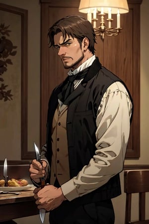 solo male, Artur Braus, shaggy brown hair, brown eyes, sideburns, stubble, 3 piect suit, white collared shirt, ((black jacket, black long jacket sleeves)), brown vest, (white cravat), black pants, holding knife, middle-age, mature, handsome, charming, alluring, standing, upper body, perfect anatomy, perfect proportions, best quality, masterpiece, high_resolution, cowboy shot, photo background, vintage dining room, calm, serious