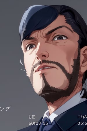 solo male, Maeda, Asobi Asobase, butler, black hair, short hair, black eyes, facial hair, dark blue 3 Piece Suit, formal, white collared shirt, red necktie, dark blue vest, dark blue jacket, dark blue pants, mature, handsome, charming, alluring, calm, polite, portrait, close-up, perfect anatomy, perfect proportions, best quality, masterpiece, high_resolution simple background, classroom,  (from below:0.9), (pathetic , disappointed:1.0), looking down, looking at viewer, pathetic \(meme\, wide angle