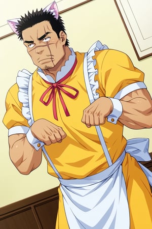 score_9, score_8_up, score_7_up, score_6_up, perfect anatomy, perfect proportions, best quality, masterpiece, high_resolution, high quality, best aesthetic, incredibly absurdres, highres, extremely detailed, huge filesize, mature, masculine, manly, virile, handsome, charming, alluring, bara, male focus, solo male, cowboy shot, dutch angle, source_anime \(My Bride is a Mermaid\), anime coloring \(My Bride is a Mermaid\), Gozaburo Seto \My Bride is a Mermaid\), MBMGozaburo, black hair, short hair, black eyes, sanpaku, sideburns, facial hair, stubble, thick eyebrows, scar across eye, scar across nose,  Gozaburo_Outfit05, crossdressing, enmaided, kemonomimi mode, yellow maid dress, cat ears headband, white maid apron, pink neck ribbon, wrist cuffs, cat tail, cat feetpaws, cat paw pose