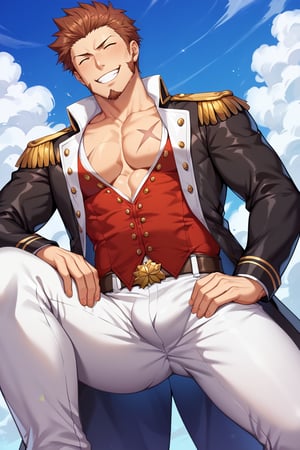 score_9, score_8_up, score_7_up, score_6_up, perfect anatomy, perfect proportions, best quality, masterpiece, high_resolution, high quality, aesthetic, absurdres, (male focus), solo male, napoleon bonaparte \(fate\), fate \(series\), fate/grand order, blue eyes, brown hair, short hair, long sideburns, facial hair, goatee, scar on chest, military uniform, napoleon bonaparte uniform\(fate\), white collared shirt, partially unbuttoned shirt, red vest, partially unbuttoned vest, black jacket, long sleeves, epaulettes, white pants, adult, mature, masculine, manly, handsome, charming, alluring, grin, standing, upper body, dutch angle, cowboy shot, (from below). pectoral cleavage, collarbone, one knee bend, blue sky, photo background