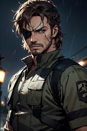 (1 image only), solo male, 1boy, Big Boss, Metal Gear Solid, bslue eyes, brown hair, facial hair, (eyepatch, grey headband), sneaking suit, handsome, mature, charming, alluring, upper body in frame, perfect anatomy, perfect proportions, 8k, HQ, (best quality:1.2, hyperrealistic:1.2, photorealistic:1.2, masterpiece:1.3, madly detailed photo:1.2), (hyper-realistic lifelike texture:1.2, realistic eyes:1.2), high_resolution, perfect eye pupil, dutch angle, dynamic, action, raining, night
