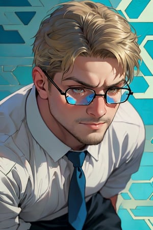 (1 image only), solo male, reiner braun, hazel eyes, blond hair, short hair, bare forehead, (facial hair, stubble1.2), (black glasses1.2), (pure light-blue collared shirt1.2, deep-blue necktie:1.2, black pants), (tucked-in shirts), mature, manly, hunk, masculine, virile, confidence, charming, alluring, slight smile, standing, upper body in frame, (1920s artdeco style luxury pattern background:1.2), perfect anatomy, perfect proportions, 8k, HQ, (best quality:1.5, hyperrealistic:1.5, photorealistic:1.4, madly detailed CG unity 8k wallpaper:1.5, masterpiece:1.3, madly detailed photo:1.2), (hyper-realistic lifelike texture:1.4, realistic eyes:1.2), picture-perfect face, perfect eye pupil, detailed eyes,perfecteyes