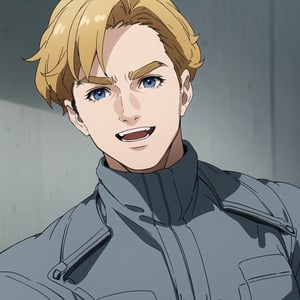 solo male, Lewis Smith \(Brave Bang Bravern\), blond hair, short hair, (blue eyes), (((grey pilot jumpsuit, gray pilot jumpsuit, grey sleeves)), (pov, portrait, close-up, headshot, looking at viewer), mature, handsome, charming, alluring, muscular, beefy, happy, smile, open mouth, affectionate eyes, standing, upper body, perfect anatomy, perfect proportions, best quality, masterpiece, high_resolution, dutch angle, cowboy shot, simple background, 