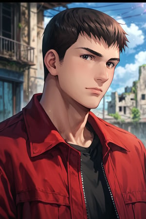 score_9,score_8_up,score_7_up, solo male, Ryuji Satake, black hair, black eyes, black t-shirt, (red jacket, open jacket, long sleeves), brown pants (upperbody, portrait, close-up, headshot), from front, mature, handsome, charming, alluring, masculine, calm, close mouth, look at viewer, perfect anatomy, perfect proportions, best quality, masterpiece, high_resolution, (symmetrical picture, front view), photo background, emotional, harmonious, bokeh, cinemascope, moody, epic, gorgeous, city ruins, sky, sunset