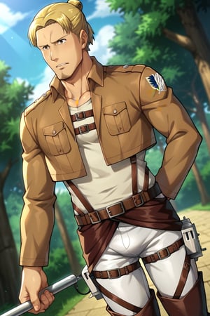 score_9, score_8_up, score_7_up, score_6_up, perfect anatomy, perfect proportions, best quality, masterpiece, high_resolution, high quality, best aesthetic, incredibly absurdres, highres, extremely detailed, huge filesize, mature, masculine, manly, virile, handsome, charming, alluring, bara, male focus, solo male, cowboy shot, dutch angle, WIT style, source_anime \(Attack on Titan\), anime coloring \(Attack on Titan\), Eld Gin, AOTEld, blond hair, middle parting hair, single hair bun, brown eyes, sideburns, facial hair, stubble, light goatee, Eld_outfit01, paradis military uniform, beige undershirt, tan jacket, cropped jacket, open jacket, chest strap, thigh strap, white pants, black boots, three-dimensional maneuver gear
