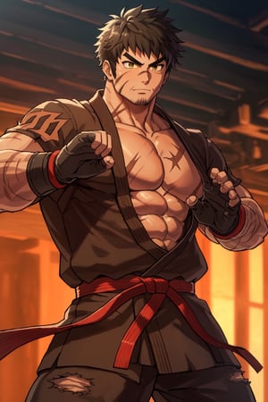 solo male, Grappler, Dungeon Fighter Online, black hair, short hair, brown eyes, thick eyebrows, forked eyebrows, stubble, green eyes, scars on face, scar on cheek, scar on chest, pectorals, pectoral cleavage, rn black dougi, black pants, red martial arts belt, yellow fingerless gloves, barefoot, bandaged hand, toned male, mature, handsome, charming, alluring, blush, shy, serious, fighting stance, upper body, perfect anatomy, perfect proportions, ((perfect eyes, perfect, parfect fingers)), best quality, masterpiece, high_resolution, dutch angle, cowboy shot, photo background, (looking outside)