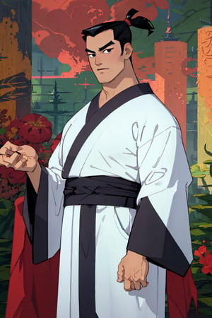 (1 image only), solo male, Samurai Jack, Cartoon Network style, Asian, Japanese, black hair, topknot, black eyes, geta, whire kimono, wide sleeves, mature, handsome, charming, alluring, standing, upper body, perfect anatomy, perfect proportions, (best quality, masterpiece), (perfect eyes), perfect hands, high_resolution, dutch angle, cowboy shot, fine art