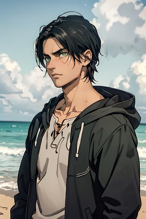 erenad(black hair,:1.2), (grey-green eyes:1.4), fit body, shirt, ( jacket, long sleeves, open clothes, hood, hood down), collarbone, charming, alluring, dejected, depressed, sad, (standing), (upper body in frame), simple background(beach, sunny day, endless ocean, mid day), backlight, cloudy blue sky, perfect light, only 1 image, perfect anatomy, perfect proportions, perfect perspective, 8k, HQ, (best quality:1.5, hyperrealistic:1.5, photorealistic:1.4, madly detailed CG unity 8k wallpaper:1.5, masterpiece:1.3, madly detailed photo:1.2), (hyper-realistic lifelike texture:1.4, realistic eyes:1.2), picture-perfect face, detailed eyes, realistic, HD, UHD, front view, tear in eyes 