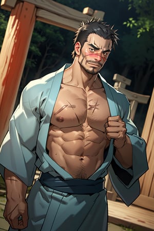 solo male, Gōzaburō Seto, My Bride is a Mermaid, Japanese, short hair, black hair,  black eyes, facial hair, thick eyebrows, scar on face, scar on nose, scar across eye, sideburns, yukata, japanese sandals, undressing, open kimono, bare chest, bare belly, bare tight, bare buttocks,mature, handsome, charming, alluring, blush, drunk, standing, upper body, outdoor, japanese shrine, torii, perfect anatomy, perfect proportions, best quality, masterpiece, high_resolution, dutch angle, cowboy shot, photo background