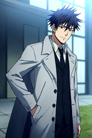 (1 image only), solo male, Genma Shizume, Darker than Black, Asian, Japanese, black hair, spiked hair
, chinstrap beard, sideburns, black eyes, (white collared shirt, black neckti, black jacket), ((brown overcoat, open overcoat)), black pants, black gloves, mature, handsome, charming, allurin, smile, standing, upper body, perfect anatomy, perfect proportions, (best quality, masterpiece, high_resolution), perfect eyes, dutch angle, cowboy shot  