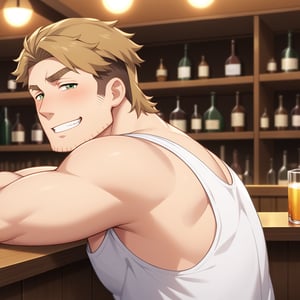 score_9, score_8_up, score_7_up, score_6_up, perfect anatomy, perfect proportions, best quality, masterpiece, high_resolution, high quality, solo male, Gagumber, brown hair, two-tone hair, sideburns, facial hair, stubble, green eyes, thick eyebrows, white tank top, bare shoulders, bare arms, green work pants, sitting, adult, mature, masculine, manly, handsome, charming, alluring, happy, open mouth, grin, shy, blush, horny, ((upper body)), view from side, bar, indoor