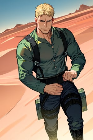 score_9, score_8_up, score_7_up, solo male, , Reiner Braun, blond hair, short hair, stubble, facial hair, hazel eyes, thin eyebrows, green undershirt, long sleeves, wet shirt, long sleeves, black pants, three-dimensional maneuver gear, black combat boots, handsome, charming, alluring, full body, perfect anatomy, perfect proportions, best quality, masterpiece, high_resolution, dutch angle, cowboy shot, red rock desert background