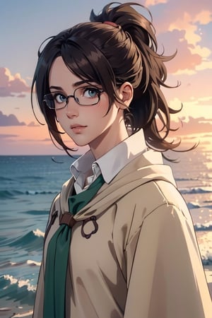 1 girl, HangeAOT, dark brown hair, messy high ponytail, light brown eyes, pure white collared shirt, (green scouts cloak:1.2), glasses, (black eye patch on left eye), fit body, mature, 35 years old, charming, alluring, (standing), (upper body in frame), simple background, endless ocean, pink cloudy sky, dawn, 1910s harbor, only1 image, perfect anatomy, perfect proportions, perfect perspective, 8k, HQ, (best quality:1.5, hyperrealistic:1.5, photorealistic:1.4, madly detailed CG unity 8k wallpaper:1.5, masterpiece:1.3, madly detailed photo:1.2), (hyper-realistic lifelike texture:1.4, realistic eyes:1.2), picture-perfect face, perfect eye pupil, detailed eyes, realistic, HD, UHD, (front view, symmetrical picture, vertical symmetry:1.2), look at viewer,AttackonTitan, survey military uniform