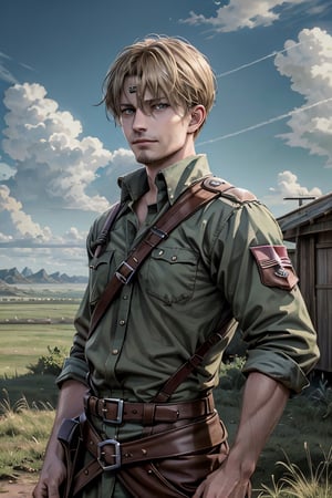 mike_zacharias, blonde hair, bangs parted from middle, pale blue eyes, chin strap stubble, green shirt, (AttackonTitan, scout regiment uniform), fit body, mature, 42 years old, charming, alluring, smirk, calm eyes, (standing), (upper body in frame), simple background, green plains, grey blue cloudy sky, dawn, only1 image, perfect anatomy, perfect proportions, perfect perspective, 8k, HQ, (best quality:1.5, hyperrealistic:1.5, photorealistic:1.4, madly detailed CG unity 8k wallpaper:1.5, masterpiece:1.3, madly detailed photo:1.2), (hyper-realistic lifelike texture:1.4, realistic eyes:1.2), picture-perfect face, perfect eye pupil, detailed eyes, realistic, HD, UHD, (front view, symmetrical picture, vertical symmetry:1.2), look at viewer