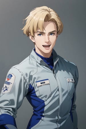 solo male, Lewis Smith \(Brave Bang Bravern\), blond hair, short hair, (blue eyes), (((grey pilot jumpsuit, gray pilot jumpsuit, grey sleeves)), (pov, portrait, close-up, headshot, looking at viewer), mature, handsome, charming, alluring, muscular, beefy, happy, smile, open mouth, affectionate eyes, standing, upper body, perfect anatomy, perfect proportions, best quality, masterpiece, high_resolution, dutch angle, cowboy shot, simple background, 