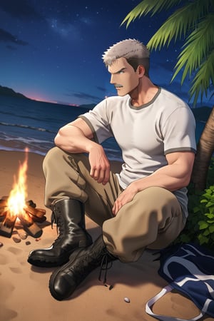 solo male, Thomas J. Prahmman \(Brave Bang Bravern\), short hair, grey hair, facial hair, grey mustache, grey eyes, (pure black undershirt, brown pants. black boots, short sleeves), sitting on ground under palm tree, adult, mature, masculine, manly, handsome, charming, alluring, full body, perfect anatomy, perfect proportions, best quality, masterpiece, high_resolution, dutch angle, cowboy shot, perfect eyes, looking away, ocean, dark sky, outdoor, beach, night, bonfire