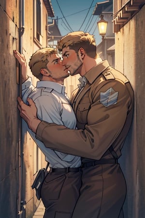 perfect anatomy, perfect proportions, perfect perspective, couple, ((2people)), first man giver (jean_kirstein, brown hair, stubble, light brown eyes),second mature man receiver(reiner braun, blond hair, stubble, hazel eyes), ((pure white collared shirt, fit shirt, roll-up sleeves)), stubble, dilf, different hair style, different hair color, different face, gay, homo, slight shy, charming, alluring, seductive, highly detailed face, detailed eyes, perfect light, on 1910s city wall, military, retro, (best quality), (8k), (masterpiece), best quality, 1 image, rugged, manly, hunk, ,kissingcheek