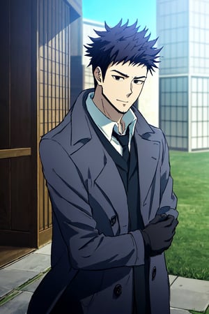 (1 image only), solo male, Genma Shizume, Asian, Japanese, black hair, spiked hair, chinstrap beard, sideburns, black eyes, (white collared shirt, black neckti, black jacket), ((brown overcoat, open overcoat)), black pants, black gloves, mature, handsome, charming, allurin, smile, standing, upper body, perfect anatomy, perfect proportions, (best quality, masterpiece, high_resolution:1.3), perfect eyes, dutch angle, cowboy shot  