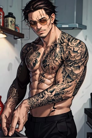 solo male, Tatsu, Japanese, househusband, yakuza, tattoos on body, black hair, slicked back hair, stubble, dark brown eyes, scar on face, topless, bare neck, bare shoulder, bare arms, bare waist, black pants, (aviator sunglasses), black shoes, toned male, mature, handsome, charming, alluring, smirk, upper body, perfect anatomy, perfect proportions, best quality, masterpiece, high_resolution, dutch angle, photo background, modern kitchen, YakuzaTattoo