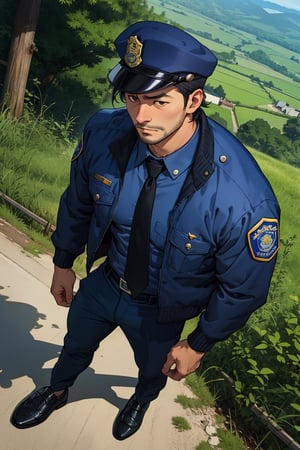 (1 image only), solo male, Agawa Daigo, Gannibal, Asian ,Japanese, black hair, short hair, (stubble), black eyes, policeman, white collared shirt, dark blue necktie, black jacket, long sleeves, buttoned up jacket, dark blue pants, black shoes, Japanese police peaked cap, mature, handsome, charming, alluring, perfect anatomy, perfect proportions, (best quality, masterpiece), (perfect eyes), perfect hands, high_resolution, dutch angle, cowboy shot, rural .pastoral,boichi manga style, creep, suspense