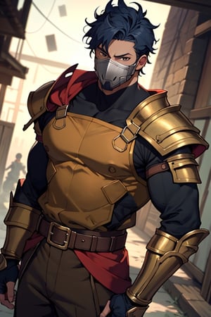 solo male, Kibito Araka, Kabaneri of the Iron Fortress, short hair, dark blue hair, brown-golden  eyes, goatee, muscular build, tall, bushi armor, orange plated cuirass, padded sleeves, khaki pants, brown gauntlet, fingerless gauntlet, purple armored faceplate, black puttee, sandals, mature, handsome, charming, alluring, standing, upper body, perfect anatomy, perfect proportions, best quality, masterpiece, high_resolution, dutch angle, cowboy shot, photo background