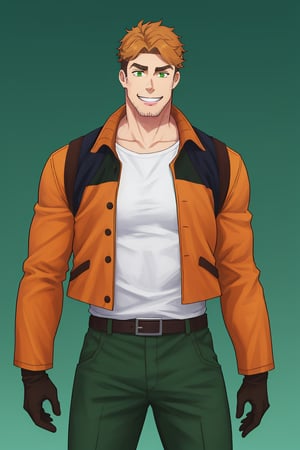 (1 image only), solo male, Gagumber, Sakugan, physical laborer worker, brown hair, two-tone hair, stubble, sideburns, green eyes, thick eyebrows, white tank top, orange High-visibility jacket, open jaket, green work pants, black boots, black gloves, mature, handsome, charming, alluring, smile, standing, upper body, perfect anatomy, perfect proportions, best quality, masterpiece high_resolution, dutch angle, cowboy shot, Sakugan anime background