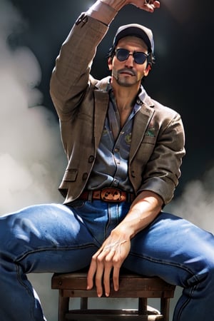 Ace Visconti , sunglasses, cap, damask print shirt, classic jacket, (wore jeans), (clothing:1.2), (best quality, highres,masterpiece), (1boy, mature man:1.1), slight blush, solo, male focus, looking at viewer, upper body, (legs up, legs spread, thighs astride on a man, full nelson pose:1.2),outdoors:1.1, best quality, (perfect anatomy:1.5), mature, dark background, fog, dark atmosphere, cinematic light, best quality, masterpiece