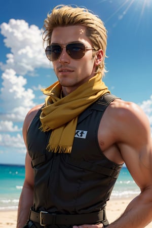 Kazuhira Miller, blue eyes, blond hair, (shaved face:1.3), wore aviator sunglasses, (MSF guerrilla outfit), (yellow scarf), fit body, handsome, charming, alluring, smile, intense gaze, (standing), (upper body in frame), costa rica beach location, sky, perfect light, perfect anatomy, perfect proportions, perfect perspective, 8k, HQ, (best quality:1.2, hyperrealistic:1.2, photorealistic:1.2, madly detailed CG unity 8k wallpaper:1.2, masterpiece:1.2, madly detailed photo:1.2), (hyper-realistic lifelike texture:1.2, realistic eyes:1.2), picture-perfect face, perfect eye pupil, detailed eyes, realistic, HD, UHD, front view