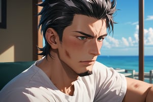 score_9, score_8_up, score_7_up, score_6_up, perfect anatomy, perfect proportions, best quality, masterpiece, high_resolution, high quality, aesthetic, absurdres, solo male, Kaburagi, black hair, grey hair streak, multicolored hair, hair slicked back, facial hair, goatee, green eyes, sanpaku, constricted pupils, eyebrow slit, scar, white shirt, wide necked shirt, short-sleeved shirt, sleeves tucked up and buttoned, mature, handsome, charming, alluring, masculine, serious, intense eyes, v-shaped eyebrows, mad, passionate, bruise, look outside, leaning forward, close up, headshot, from side, eyes focus, cropped, dutch angel, blue sky, day, cloud, science fiction, cinematic, cinematic still, emotional, harmonious, bokeh, cinemascope, moody, epic, gorgeous, lens flare, emphasis lines, motion lines, motion blur, outdoor