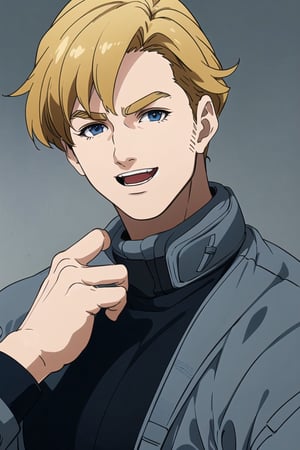 solo male, Lewis Smith \(Brave Bang Bravern\), blond hair, short hair, (blue eyes), (((grey pilot jumpsuit, gray pilot jumpsuit, grey sleeves)), (pov, portrait, close-up, headshot, looking at viewer), mature, handsome, charming, alluring, muscular, beefy, happy, smile, open mouth, affectionate eyes, standing, upper body, perfect anatomy, perfect proportions, best quality, masterpiece, high_resolution, dutch angle, cowboy shot, simple background, 