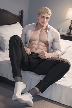 masterpiece, high definition, perfect quality, Reiner Braun, blond hair, short hair, stubble, facial hair, hazel eyes, solo, smile, 1boy, sitting, closed mouth, ale focus, open legs, in bed, (open shirt), (black pants), (grey socks), muscular, bara, big pecs, black blindfolded, perfect proportions, perfect hands, beautiful, 8k, blushing, 
