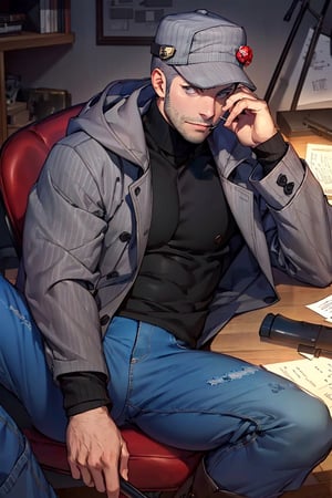 (1 image only), solo male, Munehisa Iwai,  Persona, Asian, Japanese, Weapons Dealer, grey hair, short hair, (grey pin-striped cap:1.2), stubble, grey eyes, sideburns, black turtleneck sweater, long gray coat, open coat, coat hood down, simple blue jeans, black leather boots, mature, masculine, handsome, charming, alluring, lying on chair, (foot on desk), holding lollipop, pov, perfect anatomy, perfect proportions, (best quality, masterpiece), (perfect eyes), high_resolution, dutch angle, [cowboy shot], weapon workshop, slight spread legs