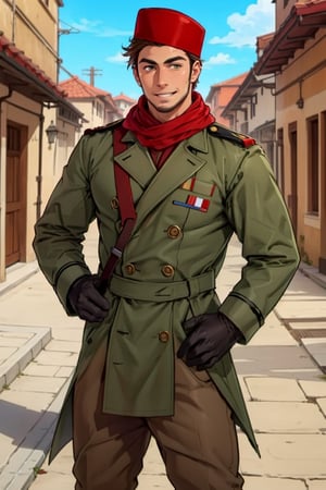 (1 image only), (solo male), 1boy, Sadik Adnan, Turkey, Hetalia: Axis Powers, Turkish male, olive-skinned, facial hair, chinstrap stubble, sideburns, (white eyemask:1.2), brown hair, short hair, grin, (tan scarf), (red fez hat), long green military trench coat, brown pants, knee-high boots, black gloves, handsome, mature, charming, alluring, upper body, perfect anatomy, perfect proportions, 8k, HQ, (best quality:1.2, hyperrealistic:1.2, photorealistic:1.2, masterpiece:1.3, madly detailed photo:1.2), (hyper-realistic lifelike texture:1.2, realistic eyes:1.2), high_resolution, perfect eye pupil, (standing), perfecteyes, Hagia sophia loction, Istanbul building, better_hands, perfecteyes